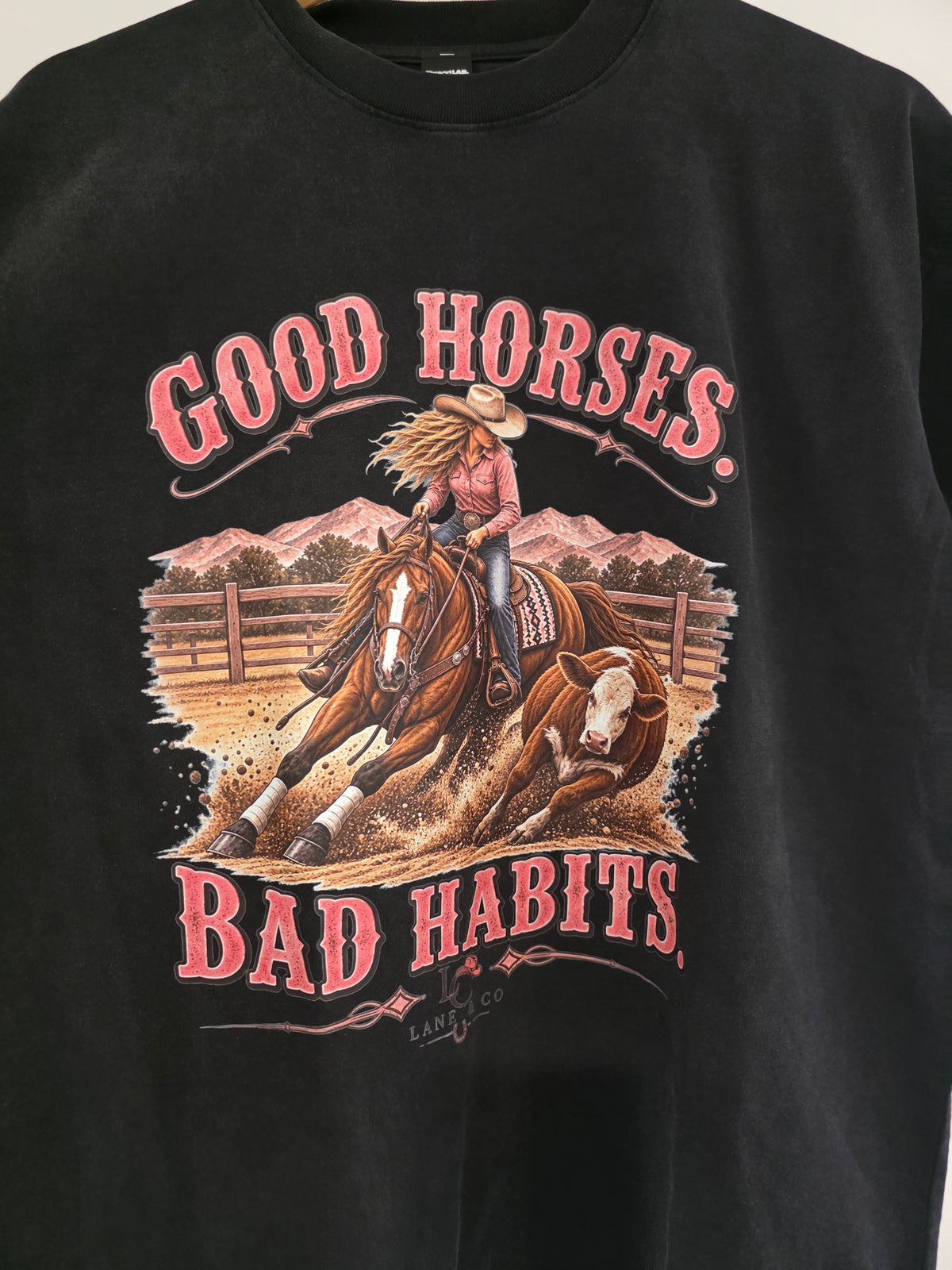 Good Horses, Bad Habits Oversized Tee – Black Snow Wash